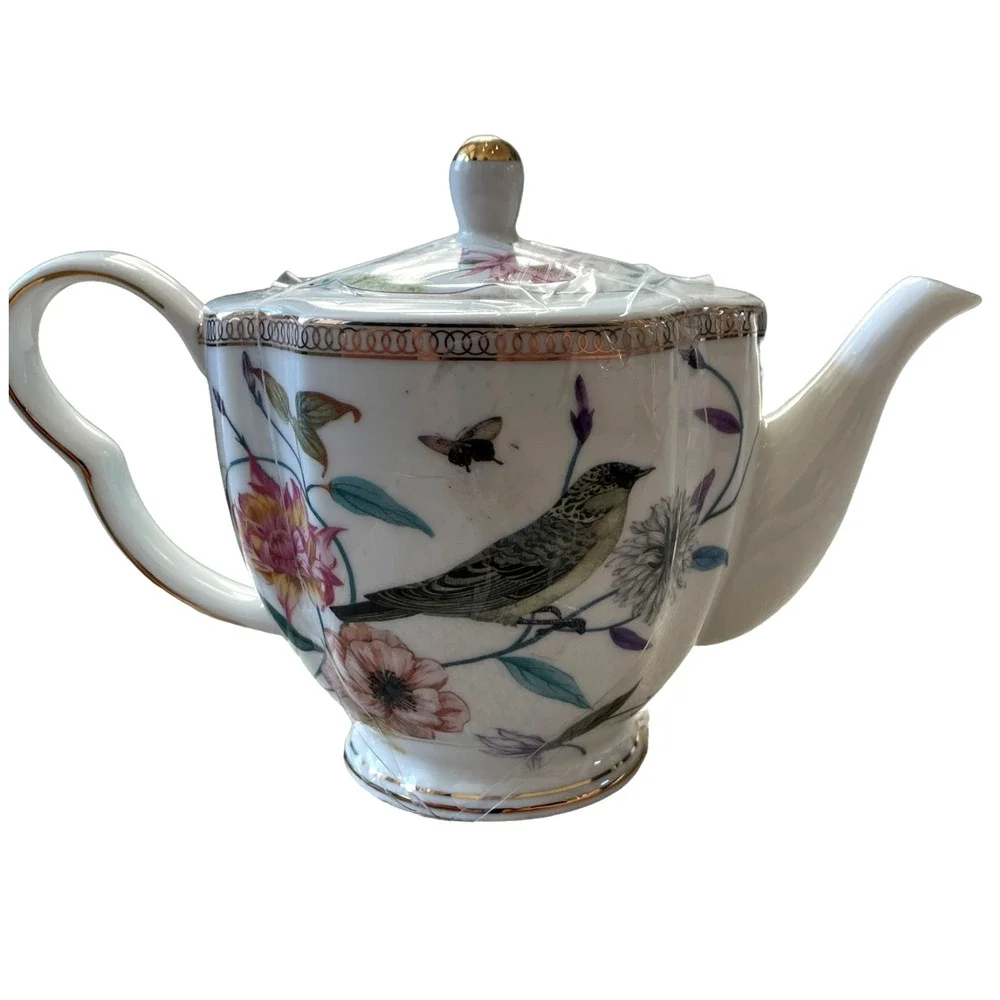Grace Teaware Fine Porcelain Teapot Very Elegant Floral & Birds 6.5
